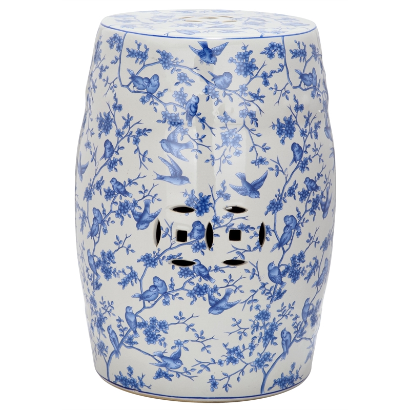 Pemberly Row Ceramic Blue Birds Garden Stool with Blue Pattern
