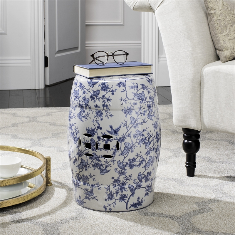 Pemberly Row Ceramic Blue Birds Garden Stool with Blue Pattern