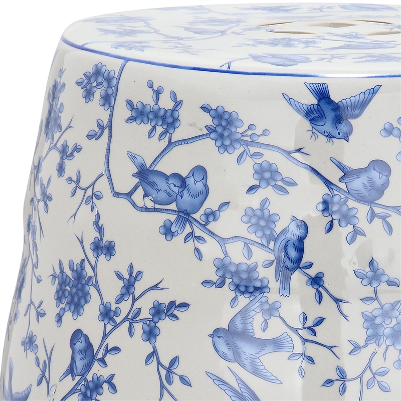 Pemberly Row Ceramic Blue Birds Garden Stool with Blue Pattern