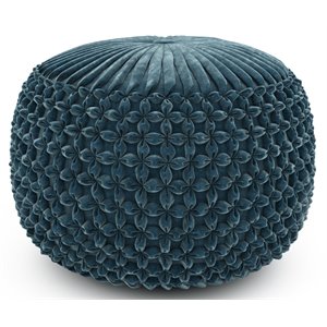 Pemberly Row Contemporary Boho Round Pouf in Teal Velvet Fabric