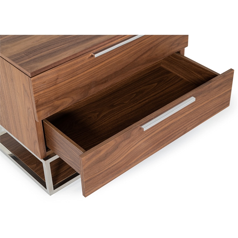 Pemberly Row Contemporary Wood and Stainless Steel Nightstand in Walnut