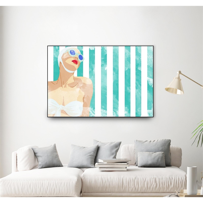 Pemberly Row Canvas 36x24 Bathing Beauty On Teal Towel Framed in Multi-Color