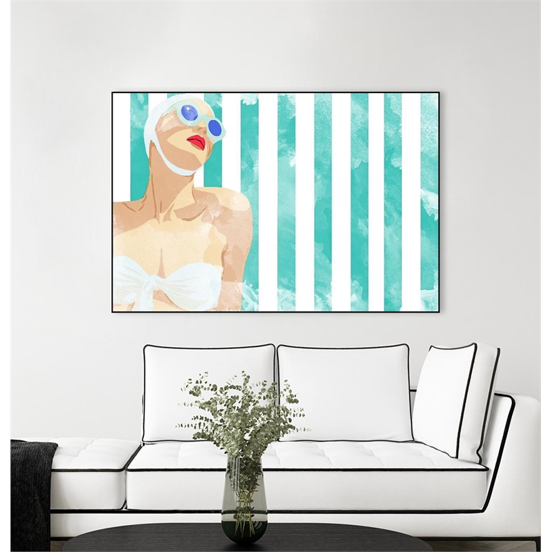 Pemberly Row Canvas 36x24 Bathing Beauty On Teal Towel Framed in Multi-Color