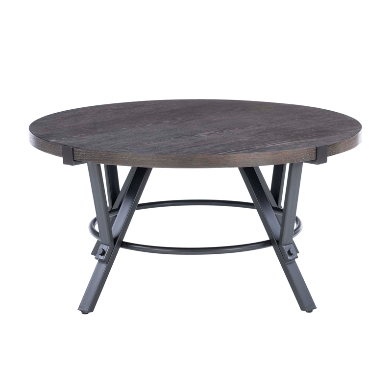 Pemberly Row 3 Pc Round Metal and Wood Occasional Table Set in Charcoal