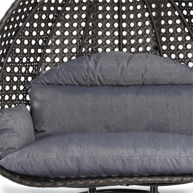 Pemberly Row Outdoor Wicker Hanging Double Egg Swing Chair in Charcoal Blue