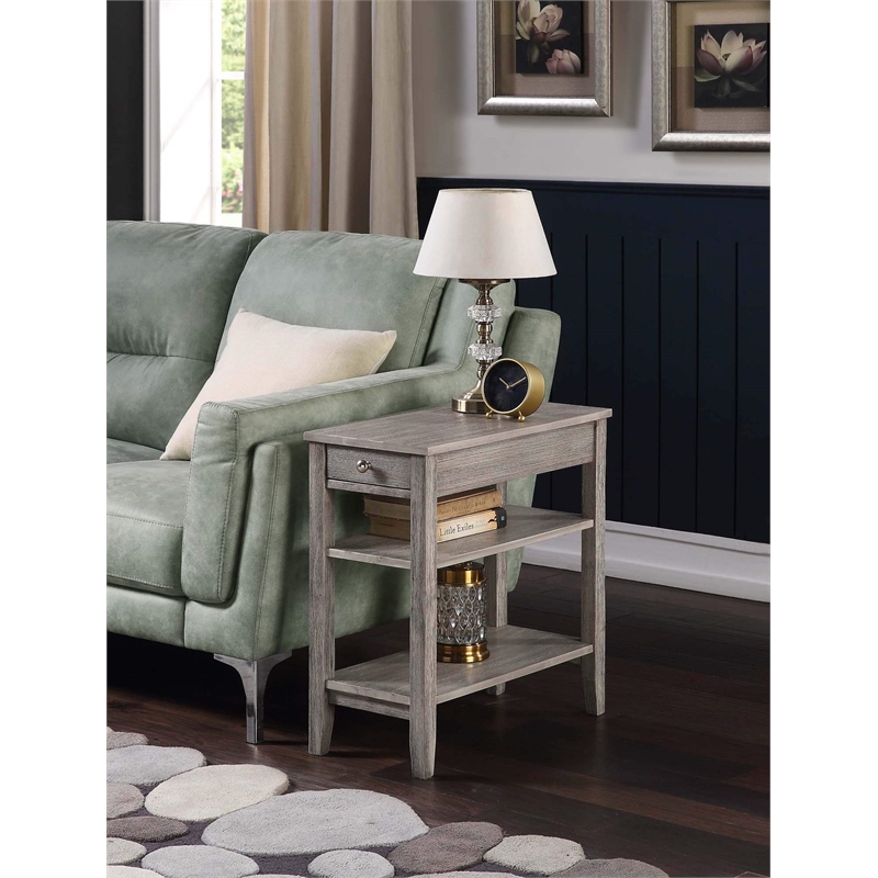 Pemberly Row Three Tier End Table With Drawer in Gray Wood Finish