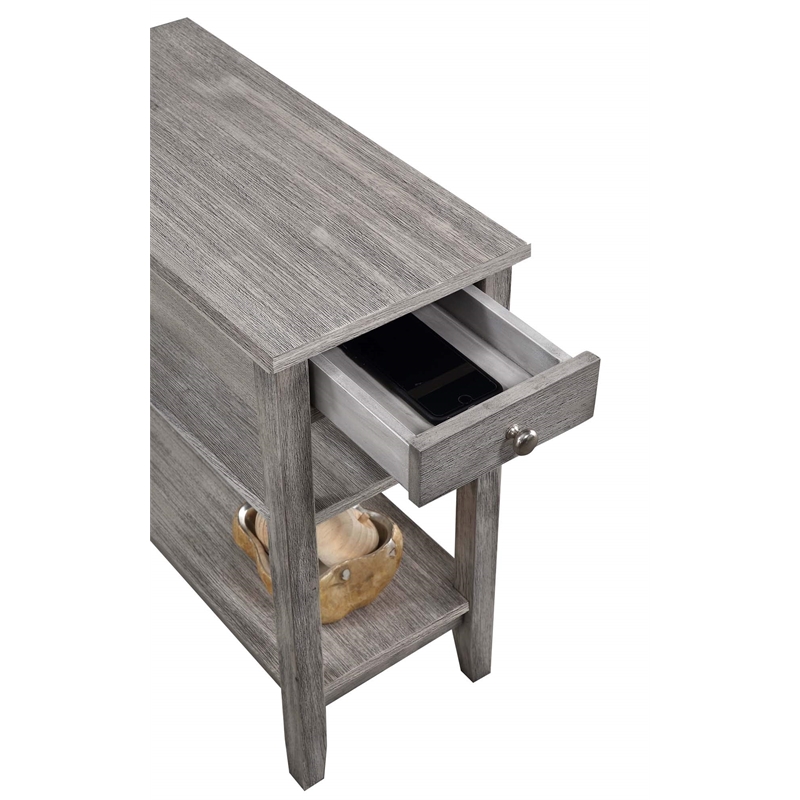 Pemberly Row Three Tier End Table With Drawer in Gray Wood Finish