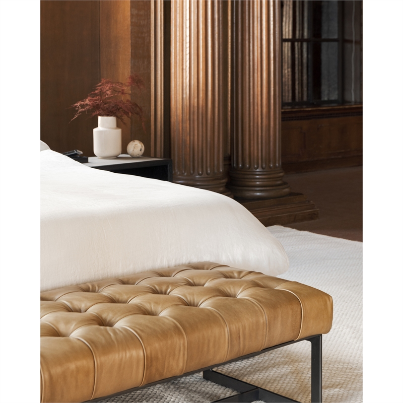 Pemberley Row Top Grain Buffalo Leather Tan Bench Rectangular Tufted 54