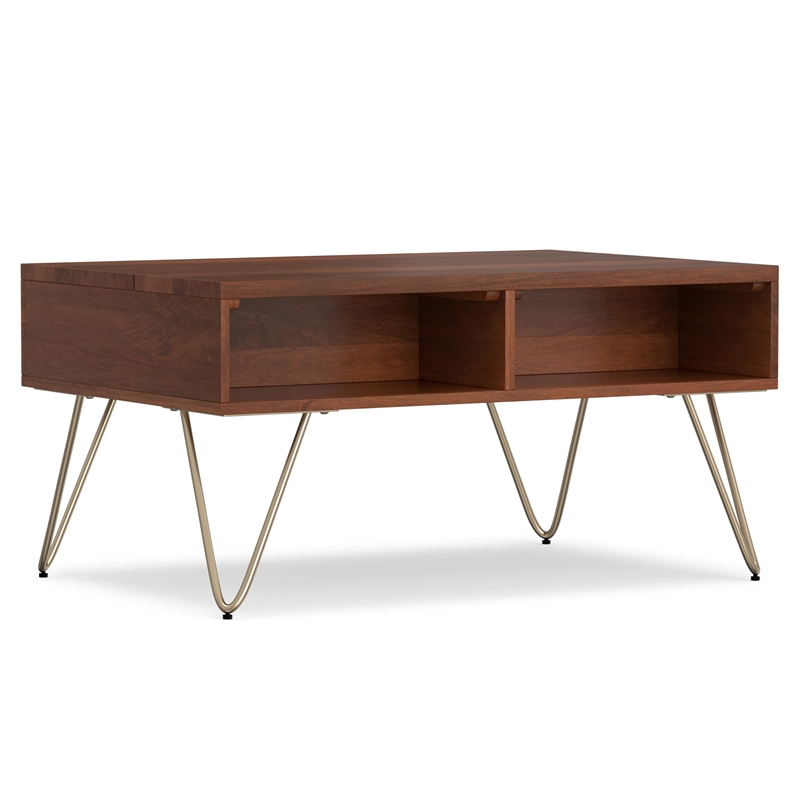 Pemberly Row Solid Wood Lift Top Coffee Table in Umber Brown and Gold