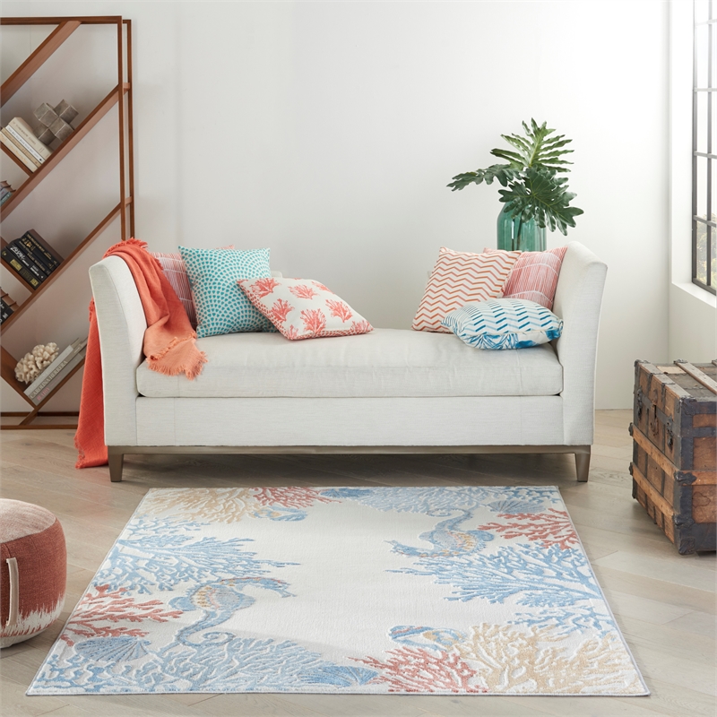 Pemberly Row Contemporary Polypropylene Polyester Area Rug in Ivory/Multi