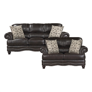 Pemberley Row Faux Leather Brown Sofa Set Rectangular Nailhead Trim Unassembled