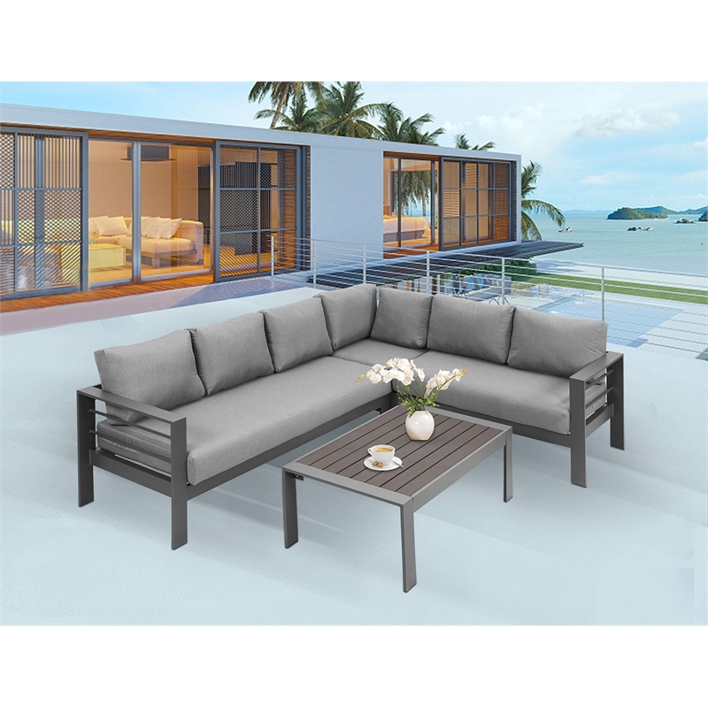 Pemberly Row 4-Piece Outdoor Aluminum & Fabric Conversation Set in Dark Gray