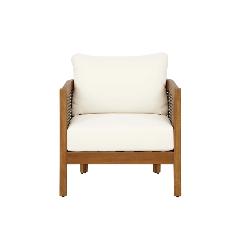 Pemberly Row Wood & Faux Rattan Club Chair Beige Cushions - Brown Oil Finish