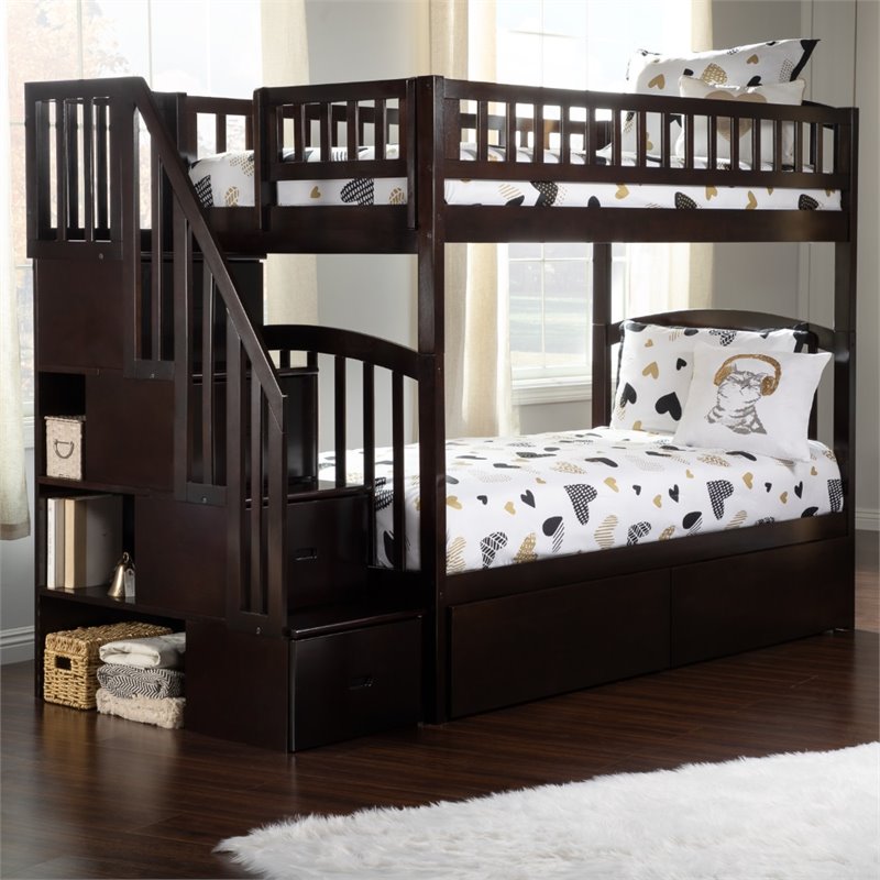 Pemberly Row Wood Staircase Storage Bunk Twin Over Twin in Espresso