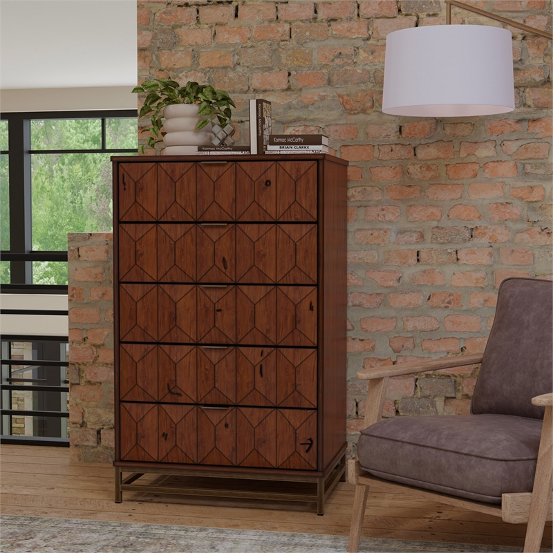 Pemberly Row Contemporary Wood 5 Drawer Chest in Antique Brown