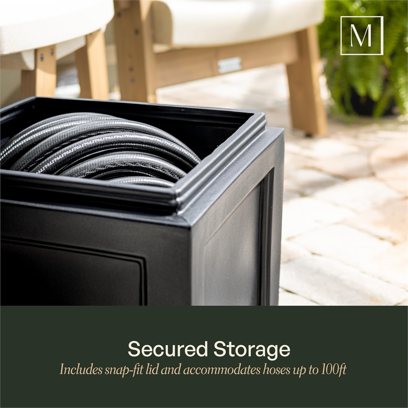 Pemberly Row Traditional Plastic Garden Hose Bin in Black Finish
