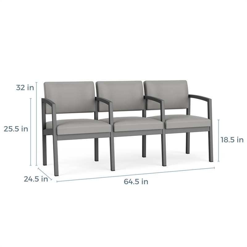 Pemberly Row Reception Waiting 3 Seats Chair/Charcoal Steel/Light Gray
