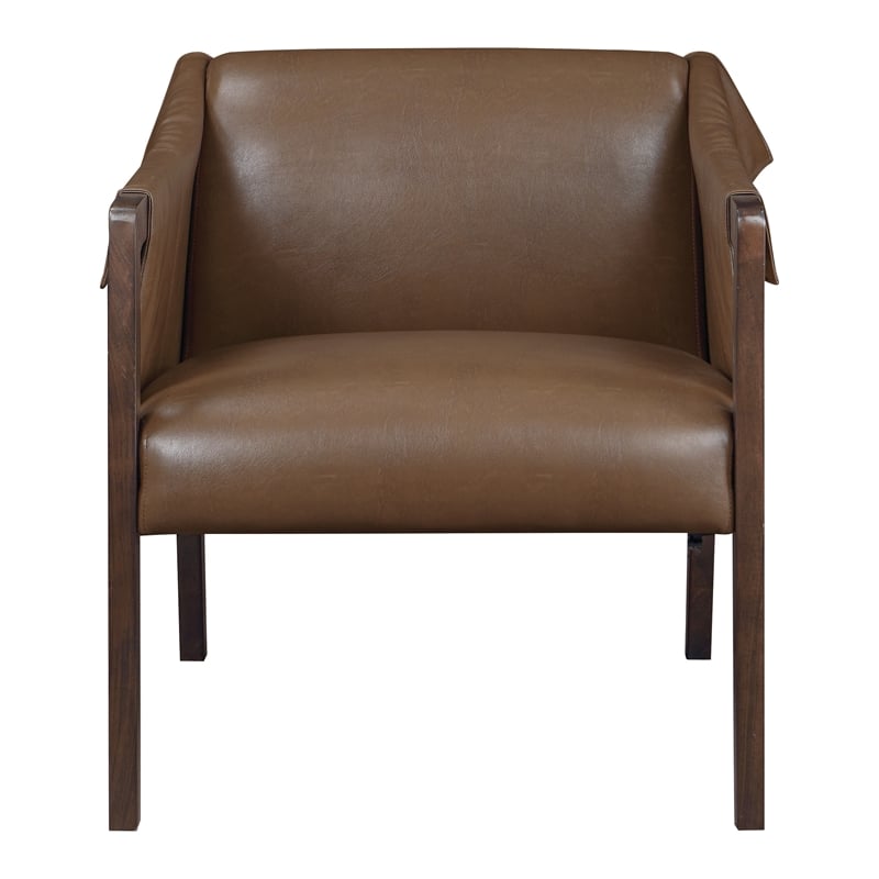 Pemberly Row Accent Chair in Molasses Brown Faux Leather with Walnut Frame