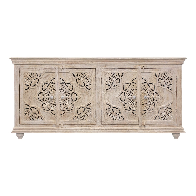 Pemberley Row Mango Solid Wood Distressed White Sideboard Rectangular Hand-Carved 71