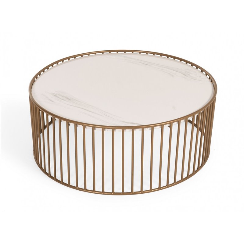 Pemberly Row Round Metal and Faux Marble Coffee Table in White/Gold