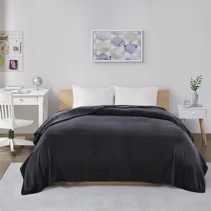 Pemberly Row Polyester Solid Microlight Plush Oversized Blanket in Black