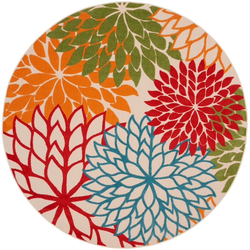 Pemberly Row 10' x Round Fabric Multi-Color Indoor/Outdoor Tropical Rug