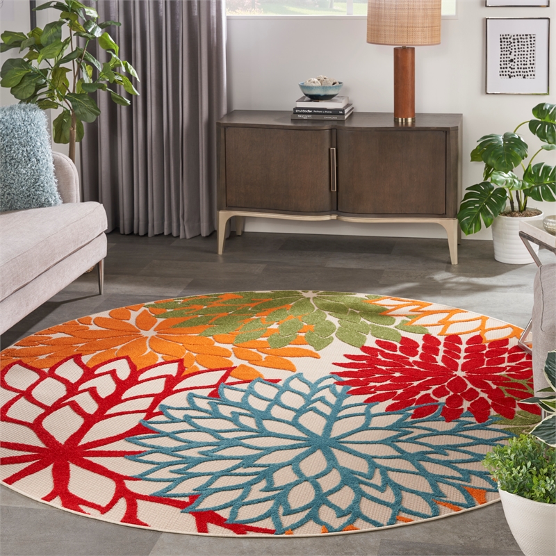 Pemberly Row 10' x Round Fabric Multi-Color Indoor/Outdoor Tropical Rug