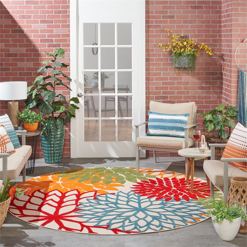 Pemberly Row 10' x Round Fabric Multi-Color Indoor/Outdoor Tropical Rug