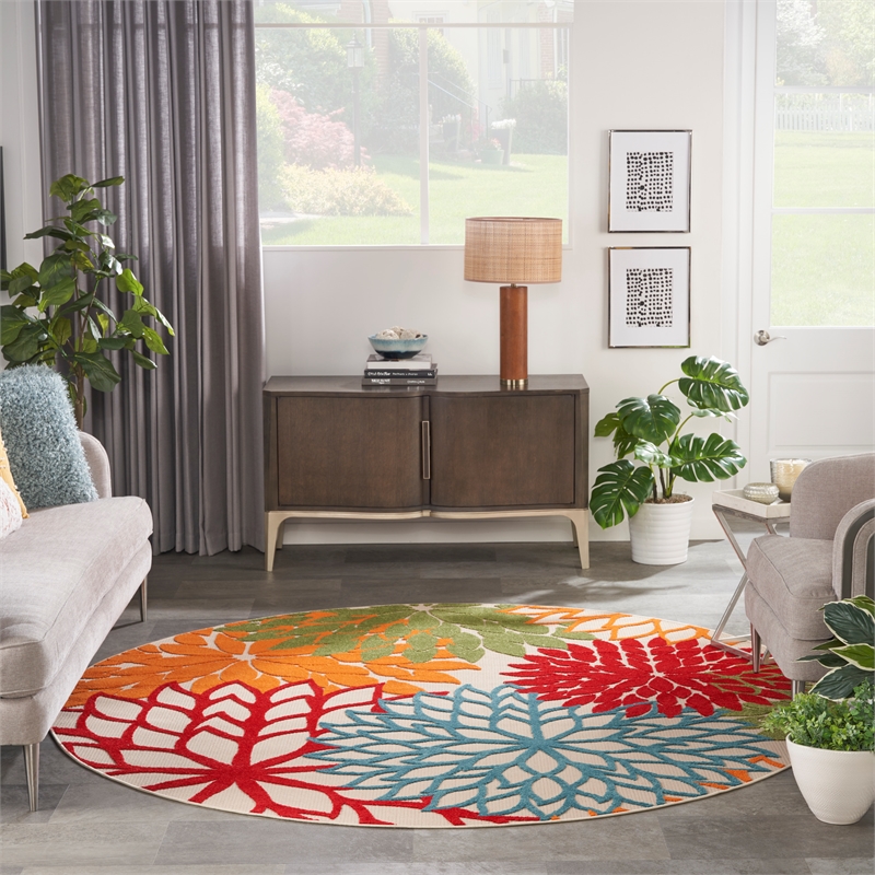 Pemberly Row 10' x Round Fabric Multi-Color Indoor/Outdoor Tropical Rug