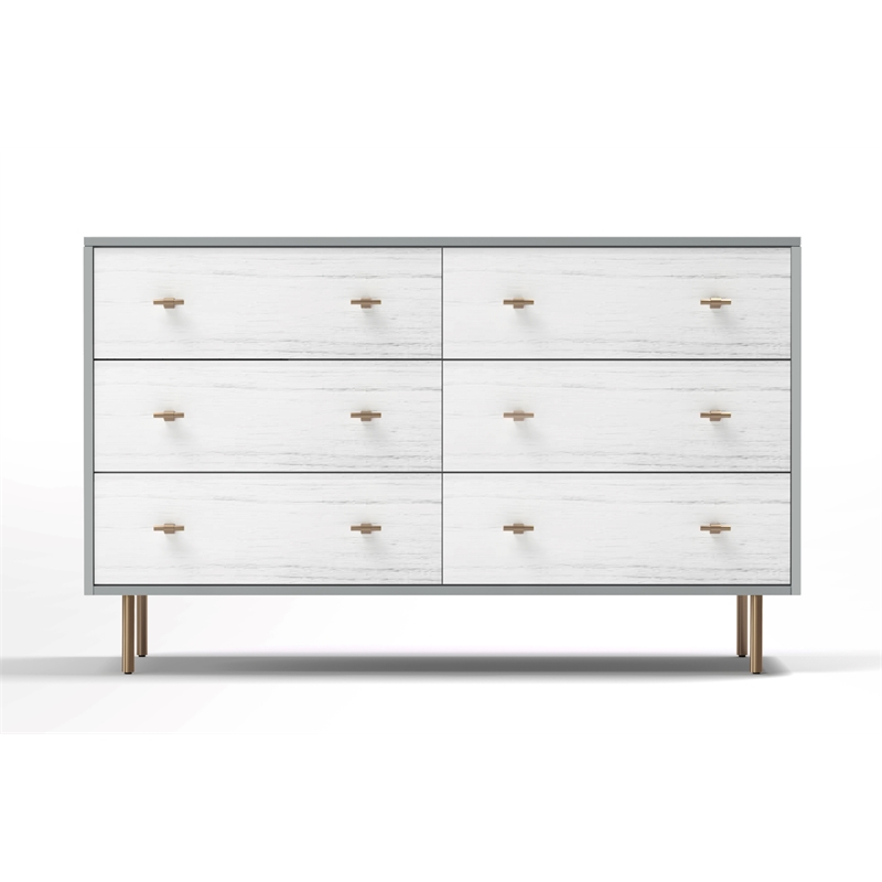 Pemberly Row Modern Wood 6 Drawer Dresser in Weathered White-Gray