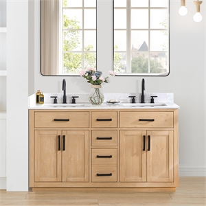 Pemberly Row 60&quot Wood Vanity in Light Brown with Composite Stone Top no Mirror