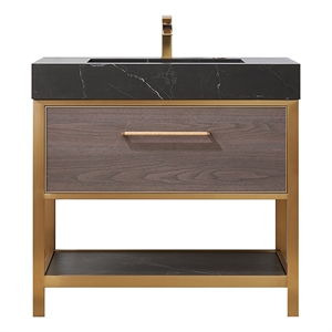 Pemberly Row Single Sink Bath Vanity - Suleiman Oak w/ Black Sintered Stone Top