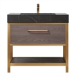 Pemberly Row Single Sink Bath Vanity - Suleiman Oak w/ Black Sintered Stone Top