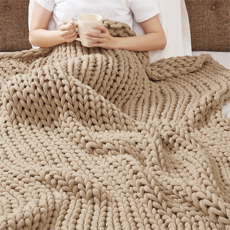Pemberly Row Chunky Double Knit Contemporary Fabric Handmade Throw in Tan