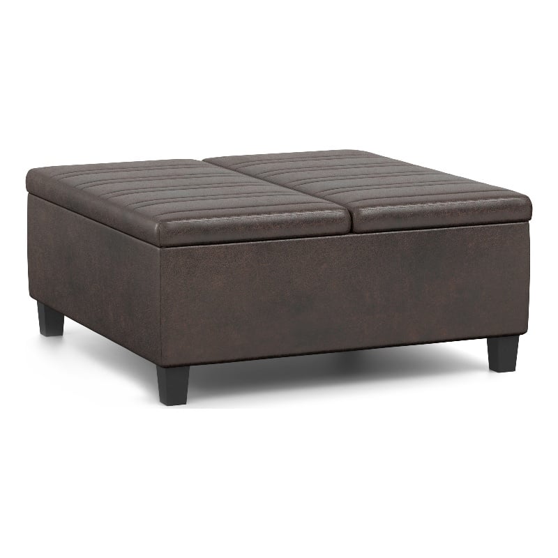 Pemberley Row Vegan Faux Leather Distressed Brown Ottoman Square Split Lift Top 36
