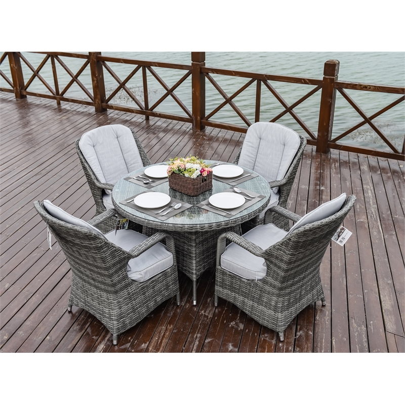 Pemberly Row Patio 5Pcs Gray Round Aluminum Rattan Outdoor Dining Set w/ Chairs