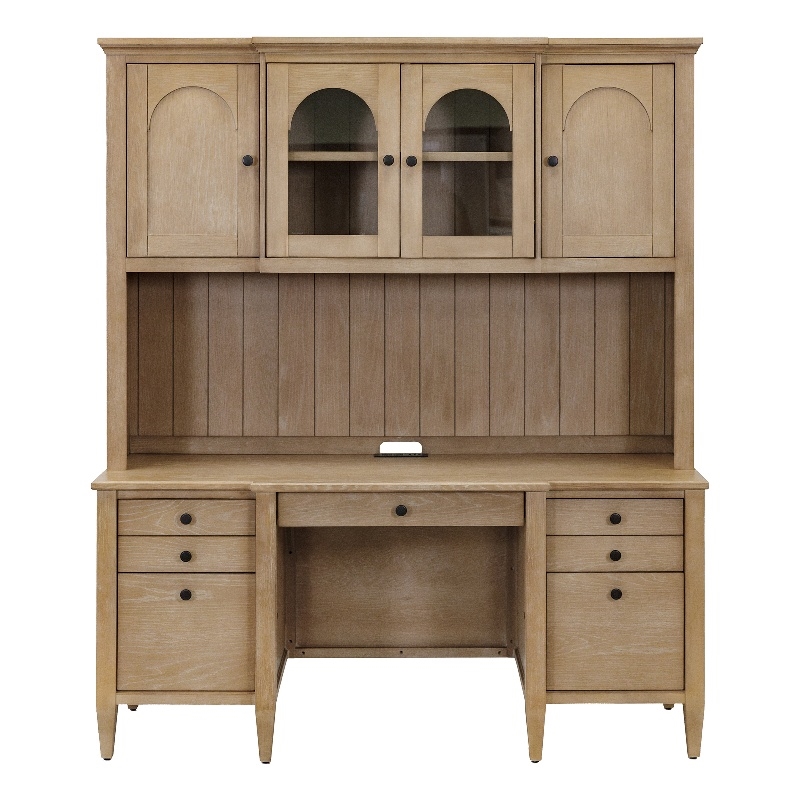 Pemberly Row Modern Wood Credenza and Hutch Wood Office Desk Hutch Light Brown