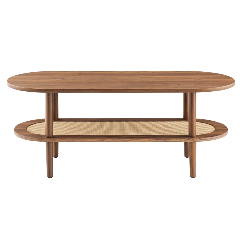 Pemberly Row Oval Wood Coffee Table with Lower Rattan Shelf in Walnut
