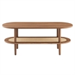 Pemberly Row Oval Wood Coffee Table with Lower Rattan Shelf in Walnut