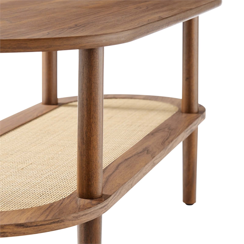 Pemberly Row Oval Wood Coffee Table with Lower Rattan Shelf in Walnut