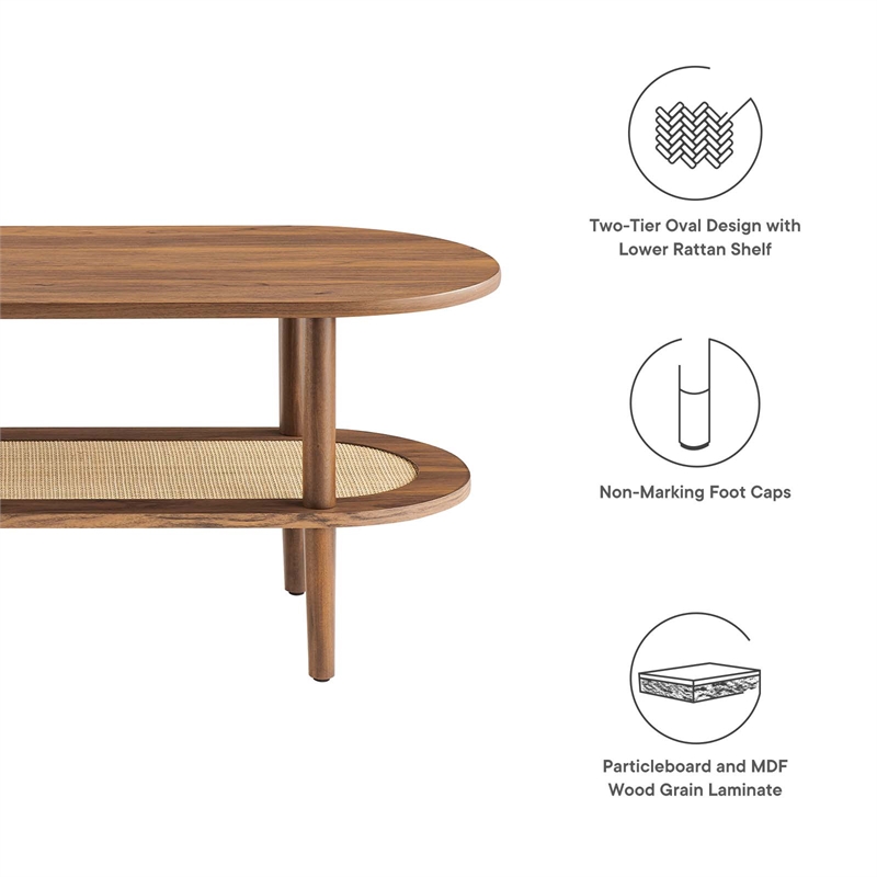 Pemberly Row Oval Wood Coffee Table with Lower Rattan Shelf in Walnut