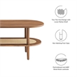 Pemberly Row Oval Wood Coffee Table with Lower Rattan Shelf in Walnut