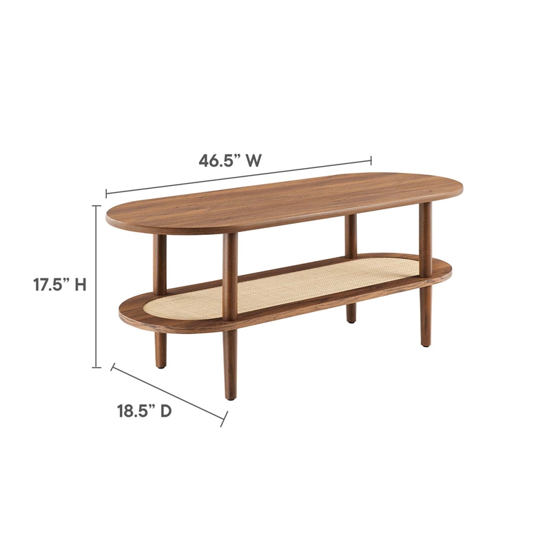 Pemberly Row Oval Wood Coffee Table with Lower Rattan Shelf in Walnut