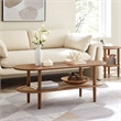 Pemberly Row Oval Wood Coffee Table with Lower Rattan Shelf in Walnut