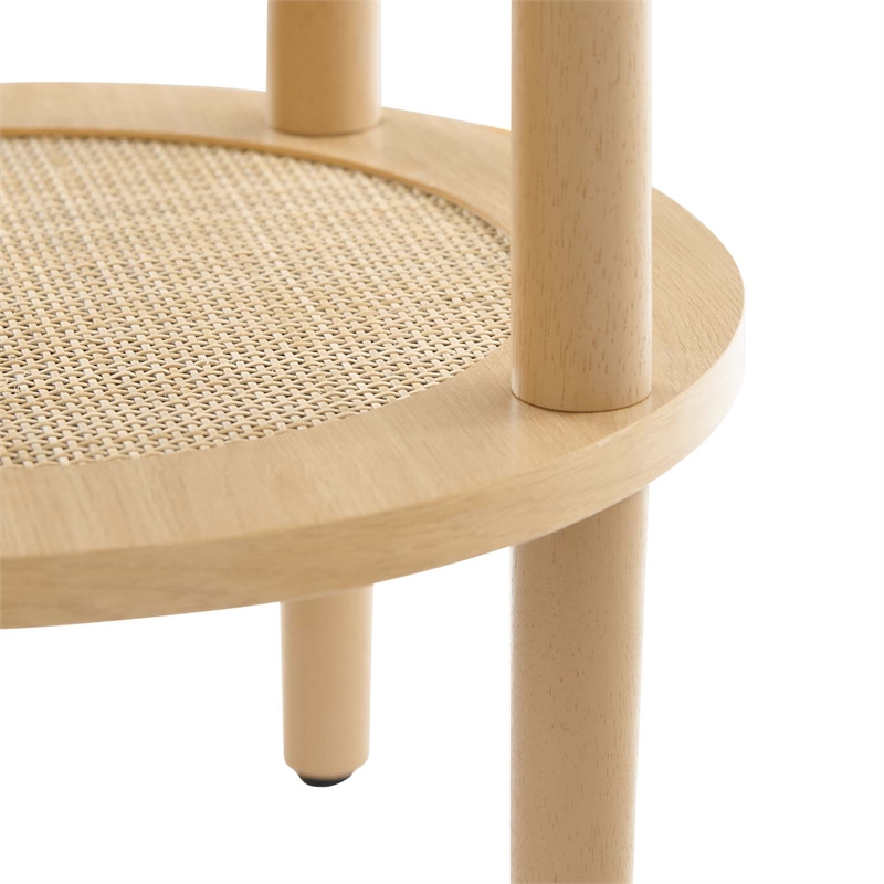 Pemberly Row Round Wood Side Table with Lower Rattan Shelf in Oak