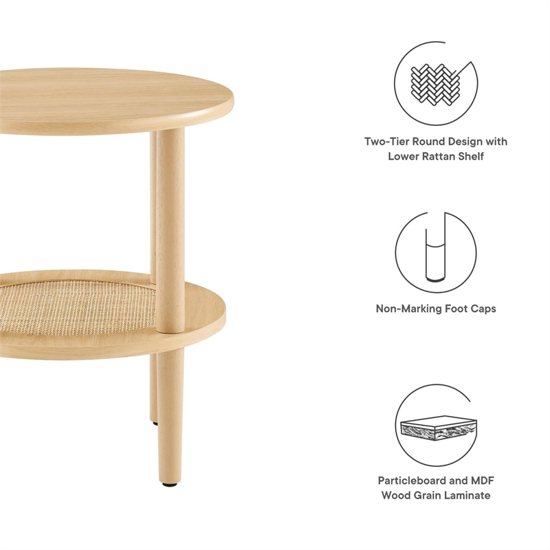 Pemberly Row Round Wood Side Table with Lower Rattan Shelf in Oak