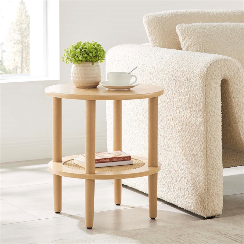 Pemberly Row Round Wood Side Table with Lower Rattan Shelf in Oak