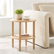 Pemberly Row Round Wood Side Table with Lower Rattan Shelf in Oak