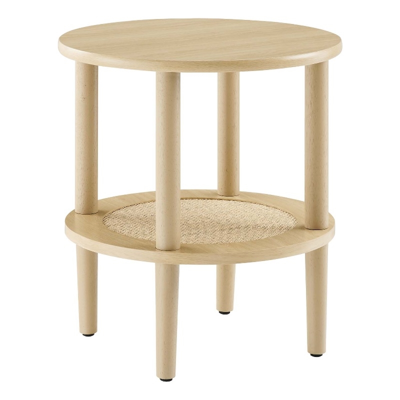 Pemberly Row Round Wood Side Table with Lower Rattan Shelf in Oak