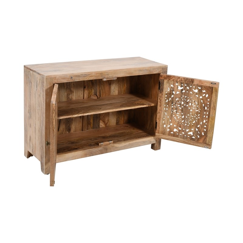Pemberly Row 2 Door Solid Wood Accent Cabinet with Hand-Carved Doors in Natural